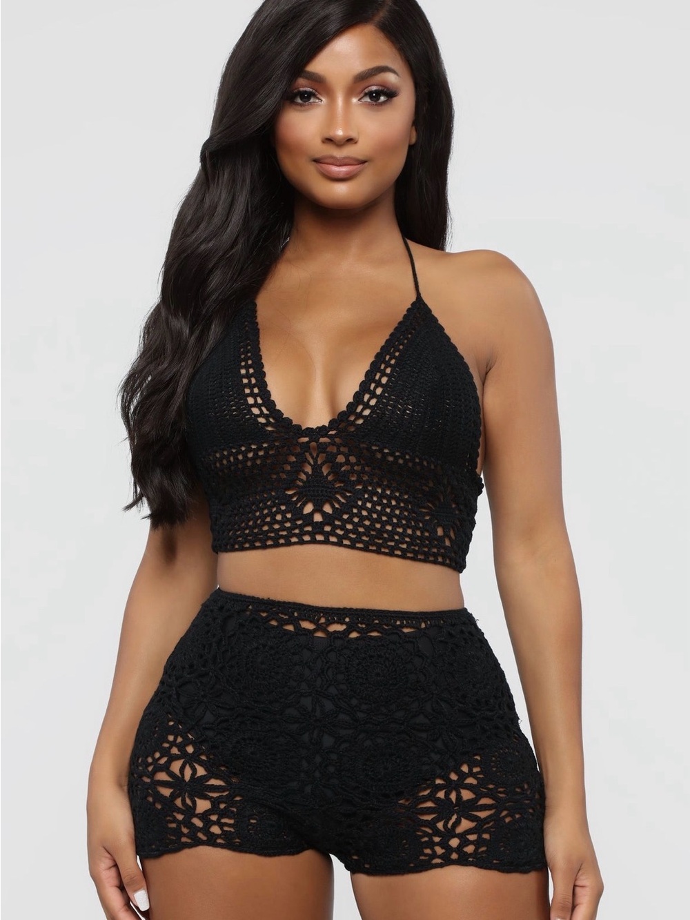 Black Crochet Two-Piece Set - Bralette & Shorts